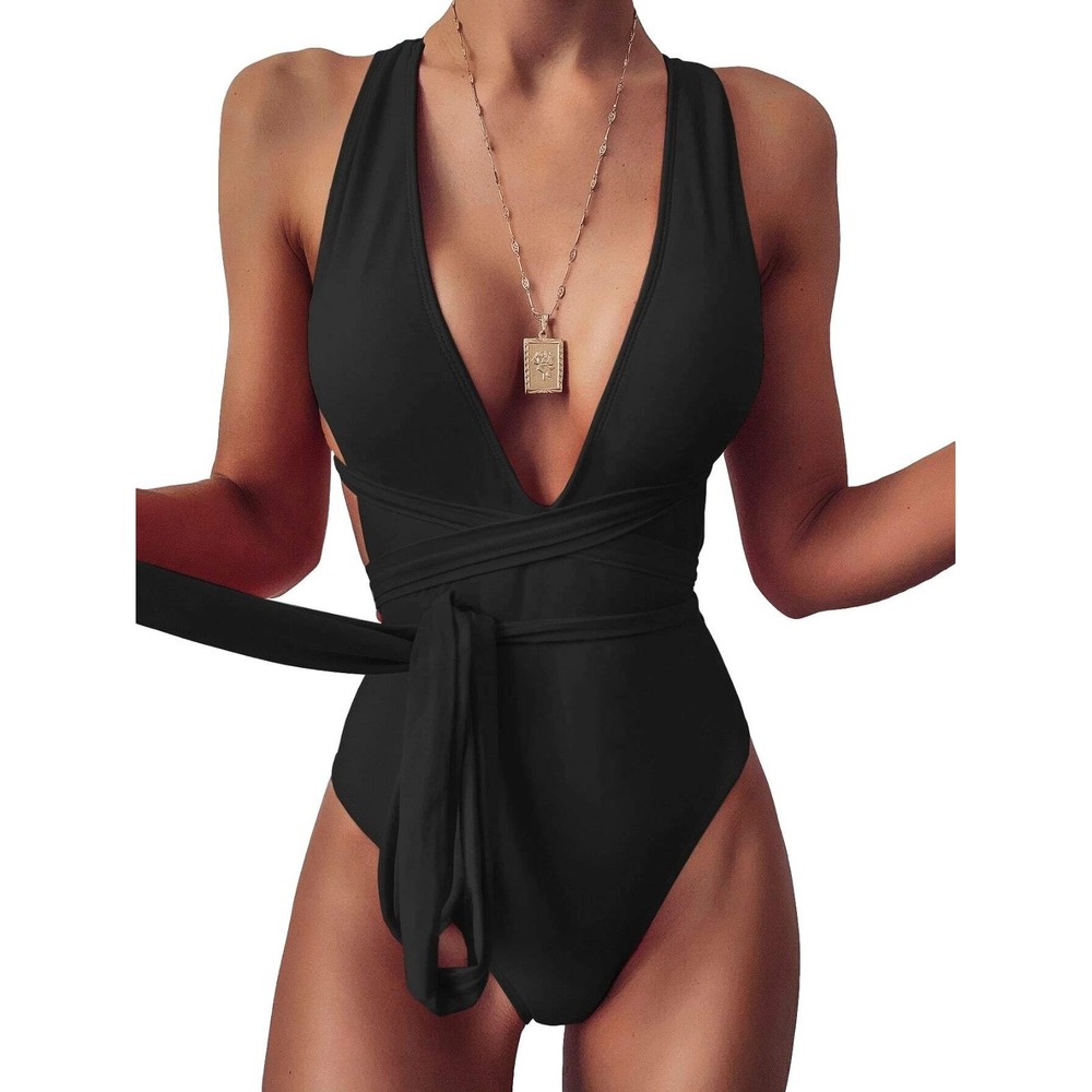 Lilosy Sexy Lace Up Plunge‎ Neck Backless High Waisted Cut Leg Rise Thong Cheeky